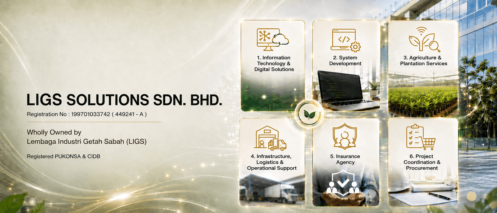 LIGS Solutions corporate overview showing the company logo, ownership, certification and six service areas.