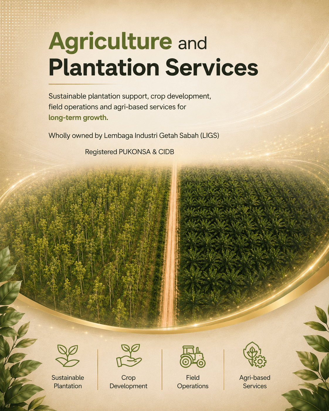 Agriculture and Plantation Services poster showing rubber and oil palm plantations, field operations and crop development.