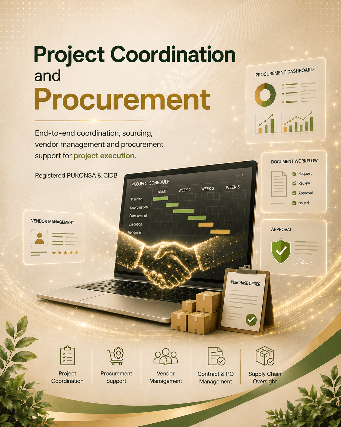Project Coordination and Procurement poster featuring project scheduling, procurement, vendor management and approval workflows.